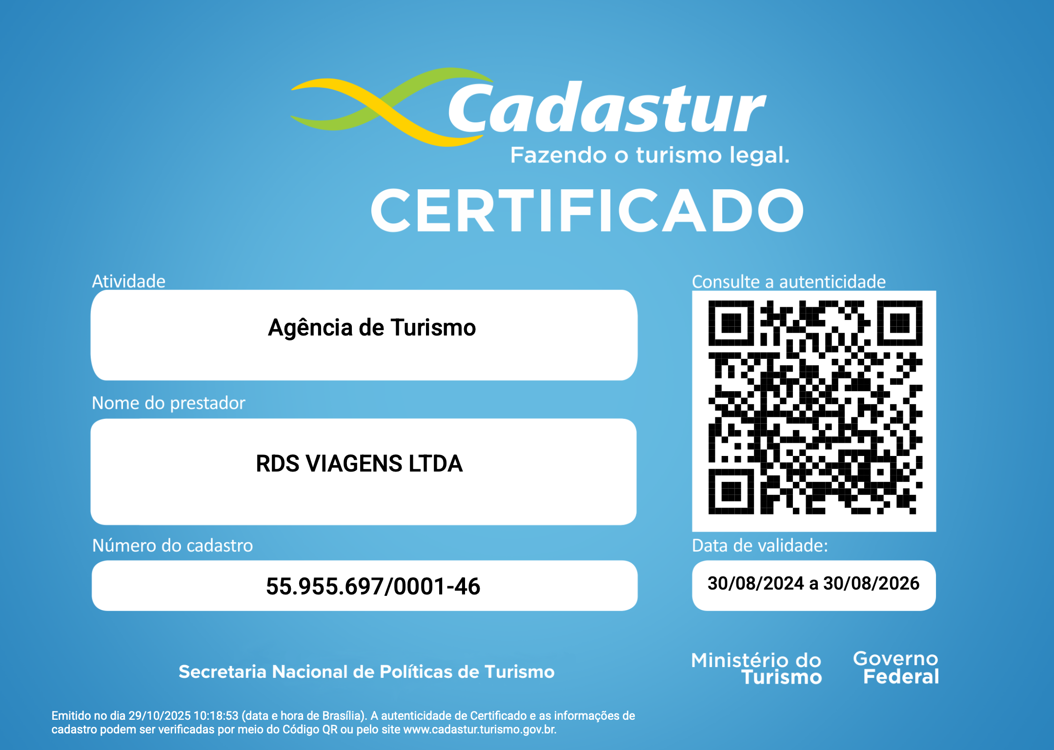 Certificado CADASTUR RDS Viagens